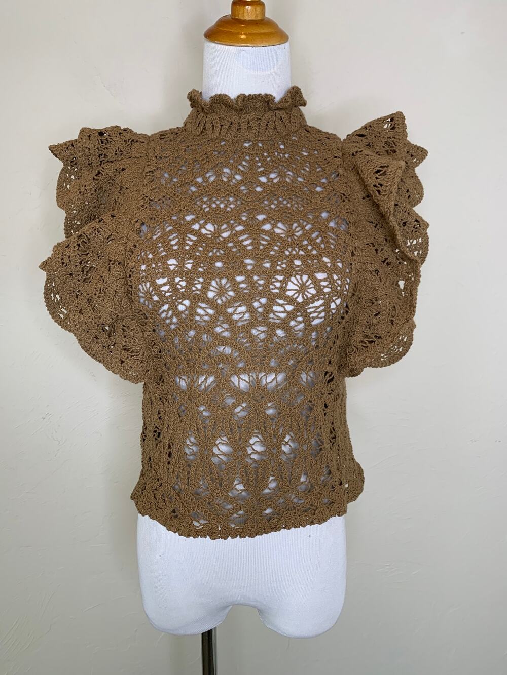 Zara Brown Lace Sheer High Neck Blouse Size Medium